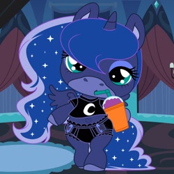 Size: 1600x1600 | Tagged: safe, artist:evilfrenzy, imported from derpibooru, princess luna, alicorn, pony, bipedal, black diaper, clothes, diaper, female, poopsie slime surprise, poopsie surprise unicorn, safety pins, shirt, slushie, solo, style emulation