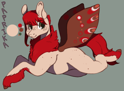 Size: 2252x1646 | Tagged: safe, artist:slimeprnicess, imported from derpibooru, oc, oc only, oc:paprika, moth, mothpony, original species, color palette, moth wings, prone, reference sheet, solo, text, wings