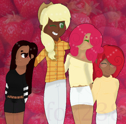 Size: 532x524 | Tagged: safe, artist:firefox238, imported from derpibooru, applejack, strawberry sunrise, oc, oc:apple berry, oc:white lilly, human, icey-verse, applerise, blushing, clothes, commission, dark skin, ear piercing, earring, eyebrow piercing, eyes closed, family, female, fishnet clothing, flannel, food, glasses, grin, hair over one eye, humanized, jeans, jewelry, lesbian, lip piercing, magical lesbian spawn, mother and child, mother and daughter, nose piercing, nose ring, offspring, one eye closed, pants, parent:applejack, parent:strawberry sunrise, parents:applerise, piercing, shipping, shirt, shorts, siblings, sisters, smiling, strawberry, sweater, wink