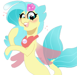 Size: 1085x1060 | Tagged: safe, artist:nootaz, imported from derpibooru, princess skystar, seapony (g4), my little pony: the movie, spoiler:my little pony movie, blushing, female, fish tail, flower, flower in hair, jewelry, lineless, looking at you, necklace, open mouth, pearl necklace, simple background, smiling, solo, transparent background