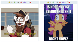 Size: 486x267 | Tagged: safe, edit, edited screencap, imported from derpibooru, screencap, pipsqueak, scootaloo, pony, derpibooru, sleepless in ponyville, caption, image macro, juxtaposition, juxtaposition win, meme, meta, subtitles, text, the pirates band of misfits, well yes but actually no