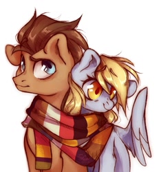 Size: 999x1080 | Tagged: safe, artist:frgtmenot_mind, imported from derpibooru, derpy hooves, doctor whooves, time turner, earth pony, pegasus, pony, clothes, cute, doctorderpy, female, male, mare, scarf, shared clothing, shared scarf, shipping, simple background, smiling, stallion, straight, white background