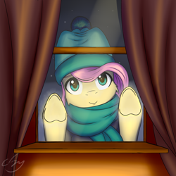 Size: 2158x2157 | Tagged: safe, artist:cluvry, imported from derpibooru, fluttershy, pony, against glass, cheek fluff, clothes, cute, female, glass, hat, heart, heart hoof, high res, hoof heart, looking at you, scarf, shyabetes, snow, snowfall, solo, underhoof