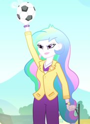 Size: 716x990 | Tagged: safe, imported from derpibooru, screencap, princess celestia, eqg summertime shorts, equestria girls, subs rock, ball, blazer, bracelet, brooch, celestia is not amused, cropped, cutie mark accessory, cutie mark brooch, female, football, implied rainbow dash, jewelry, outdoors, principal celestia, solo, sports, unamused, watch, wristwatch