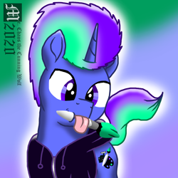 Size: 1800x1800 | Tagged: safe, artist:mrchaosthecunningwlf, artist:ponyvillechaos577, imported from derpibooru, oc, oc only, oc:vivid piece, pony, unicorn, clothes, hoodie, icon, male, paint brush tail, solo, stallion, tongue out