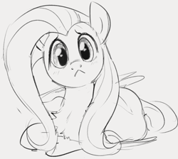 Size: 820x736 | Tagged: safe, artist:dotkwa, imported from derpibooru, fluttershy, pegasus, pony, :<, behaving like a cat, chest fluff, cute, female, fluttercat, grayscale, looking at you, mare, monochrome, shyabetes, simple background, solo, white background