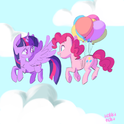 Size: 1200x1200 | Tagged: safe, artist:ashtodusk, artist:bokkitoki, imported from derpibooru, pinkie pie, twilight sparkle, alicorn, earth pony, pony, balloon, cloud, duo, female, floating, flying, mare, then watch her balloons lift her up to the sky, twilight sparkle (alicorn), underhoof