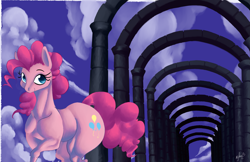 Size: 3543x2290 | Tagged: safe, artist:pantheracantus, imported from derpibooru, pinkie pie, earth pony, pony, arch, cloud, colored, digital art, smiling