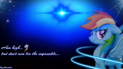 Size: 1920x1080 | Tagged: safe, artist:z3bradan, imported from derpibooru, rainbow dash, pegasus, pony, my little pony: the movie, blue background, cutie mark, dark, female, inspiration, lens flare, neon, quote, simple background, smiling, solo, stars, wallpaper