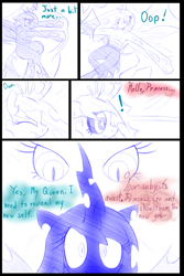 Size: 600x900 | Tagged: safe, artist:drakky, imported from derpibooru, queen chrysalis, oc, oc:princess toxin, oc:shai, anthro, changeling, changeling queen, unguligrade anthro, comic:changeling princess, blushing, changeling queen oc, changelingified, cocoon, comic, dialogue, eyes closed, fangs, female, lineart, mind control, species swap, swirly eyes, transformation, wide eyes