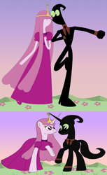 Size: 2232x3655 | Tagged: artist needed, source needed, safe, imported from derpibooru, businessman, cartoon network, clothes, couple, dress, female, happy, husband and wife, male, mare, nergal, nergal and princess bubblegum, princess bubblegum, shipping, stallion, together forever