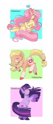 Size: 1191x2778 | Tagged: safe, artist:theshadowram, imported from derpibooru, applejack, fluttershy, twilight sparkle, earth pony, pony, unicorn, leak, spoiler:g5, applejack (g5 concept leak), applejack (g5), braid, braided tail, earth pony twilight, female, flower, flower in hair, fluttershy (g5 concept leak), fluttershy (g5), g5, g5 concept leak style, g5 concept leaks, hooves, raised hoof, redesign, simple background, trio, twilight sparkle (g5 concept leak), twilight sparkle (g5), unicorn fluttershy