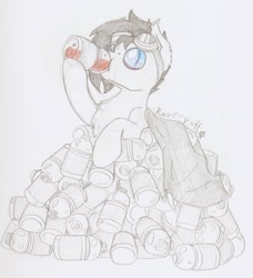 Size: 1069x1173 | Tagged: safe, artist:ravenpuff, imported from derpibooru, oc, oc:puffy, bat pony, pony, bottle, drink, drinking, female, gatorade, goggles, mare, partial nudity, solo, traditional art