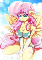 Size: 1357x1920 | Tagged: safe, artist:rariedash, imported from derpibooru, fluttershy, anthro, pegasus, alternative cutie mark placement, big breasts, breasts, busty fluttershy, cleavage, cleavage fluff, clothes, cutie mark, evening gloves, female, floppy ears, gloves, long gloves, looking at you, shoulder cutie mark, smiling, solo