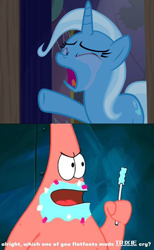 Size: 600x971 | Tagged: safe, artist:mega-poneo, edit, edited screencap, imported from derpibooru, screencap, trixie, no second prances, comparison, cropped, crying, life of crime, meme, patrick star, spongebob squarepants