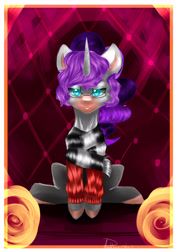 Size: 3508x4961 | Tagged: safe, artist:dankpegasista, imported from derpibooru, oc, oc only, oc:vynarity, pony, unicorn, clothes, glasses, mucca, scarf, sitting, solo, sweater