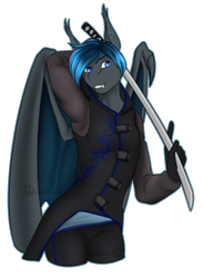 Size: 1174x1603 | Tagged: safe, artist:blackblood-queen, imported from derpibooru, oc, oc only, anthro, bat pony, unguligrade anthro, anthro oc, bat pony oc, commission, digital art, fangs, katana, male, simple background, smiling, solo, stallion, sword, transparent background, weapon