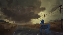 Size: 4000x2250 | Tagged: safe, artist:blackligerth, imported from derpibooru, oc, oc only, oc:flint, pony, unicorn, clothes, cloud, commission, dark clouds, power line, road, scenery, solo, walking