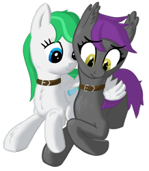 Size: 1044x1200 | Tagged: safe, artist:stillsings, imported from derpibooru, oc, oc:opal, oc:zephyr, bat pony, pegasus, pony, collar, cute, fanfic art, female, hug, mare, pet, pony pet, sad, simple background, transparent background, winghug