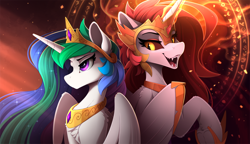 Size: 2500x1435 | Tagged: safe, artist:yakovlev-vad, imported from derpibooru, daybreaker, princess celestia, alicorn, pony, armor, duality, fangs, female, jewelry, magic, magic circle, mare, no mouth, open mouth, peytral, raised hoof, regalia, self ponidox, slim, smiling, underhoof, wing armor