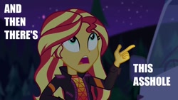 Size: 1920x1080 | Tagged: safe, edit, edited screencap, imported from derpibooru, screencap, sunset shimmer, equestria girls, equestria girls series, sunset's backstage pass!, spoiler:eqg series (season 2), and then there's this asshole, caption, female, image macro, impact font, meme, music festival outfit, solo, text, text edit, vulgar