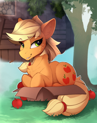 Size: 1520x1925 | Tagged: safe, artist:danmur15, artist:yakovlev-vad, edit, imported from derpibooru, applejack, earth pony, pony, /mlp/, 1000 hours in gimp, 4chan, apple, applecat, behaving like a cat, box, chest fluff, cute, ear fluff, female, food, if i fits i sits, jackabetes, mare, pony in a box, prone, solo, tree