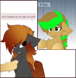 Size: 984x1005 | Tagged: safe, artist:little-sketches, artist:php146, imported from derpibooru, oc, oc only, earth pony, pegasus, pony, annoyed, chest fluff, dialogue, duo, eye clipping through hair, floppy ears, male, nervous, poking, stallion