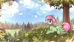 Size: 3108x1748 | Tagged: safe, artist:mirroredsea, imported from derpibooru, oc, oc only, oc:spectral wind, pegasus, pony, commission, dock, female, forest, lying down, mare, prone, scenery, smiling, solo, spread wings, tree, wings