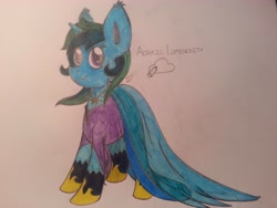 Size: 3264x2448 | Tagged: safe, artist:lucas_gaxiola, imported from derpibooru, oc, oc only, oc:acrylic luminosity, pony, unicorn, clothes, dress, female, hoof shoes, horn, mare, signature, smiling, solo, text, traditional art, unicorn oc