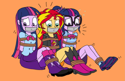 Size: 1417x924 | Tagged: safe, artist:bugssonicx, imported from derpibooru, sci-twi, sunset shimmer, twilight sparkle, equestria girls, bondage, bound and gagged, gag, help us, tape, tape gag, tied up