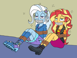 Size: 1454x1106 | Tagged: safe, artist:bugssonicx, imported from derpibooru, sunset shimmer, trixie, equestria girls, equestria girls series, forgotten friendship, bondage, boots, bound and gagged, clothes, gag, help us, high heel boots, kneesocks, shoes, skirt, socks, tape, tape gag, tied up