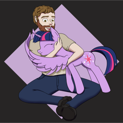 Size: 468x469 | Tagged: safe, artist:thehuskylord, imported from derpibooru, twilight sparkle, alicorn, human, pony, female, happy, hug, human on pony snuggling, mare, snuggling, twilight sparkle (alicorn), winghug