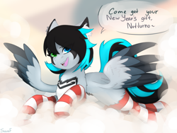 Size: 1600x1200 | Tagged: safe, artist:flysouldragon, artist:sinrinf, imported from derpibooru, oc, oc only, oc:neomi, pegasus, pony, clothes, cloud, socks, solo, striped socks, ych result