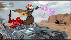 Size: 4000x2250 | Tagged: safe, artist:eztp, imported from derpibooru, oc, oc:minty crumble, anthro, unicorn, armor, cloak, clothes, cloud, commando droid, droid, female, gun, jedi, planet, speeder bike, star wars, stormtrooper, swoop bike, vehicle, weapon