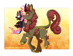 Size: 1428x1109 | Tagged: safe, artist:inuhoshi-to-darkpen, imported from derpibooru, maple brown, kirin, nirik, baby, baby kirin, baby nirik, cloven hooves, female, foal, mane of fire, mare, mouth hold, open mouth, orange background, scruff, simple background, trotting, unshorn fetlocks