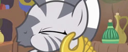 Size: 828x342 | Tagged: safe, imported from derpibooru, screencap, zecora, pony, zebra, it isn't the mane thing about you, choking, cropped, female, puffy cheeks, solo