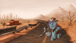 Size: 1600x912 | Tagged: safe, artist:sa1ntmax, imported from derpibooru, oc, oc only, oc:dashy vandash, alicorn, pony, alicorn oc, cowboy hat, desert, fallout, gun, hat, horn, magic, rifle, sniper rifle, solo, telekinesis, wasteland, weapon