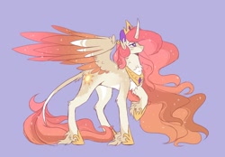 Size: 2246x1559 | Tagged: safe, artist:dazzledoves, artist:idiot__baby, imported from derpibooru, princess celestia, alicorn, pony, alternate color palette, chest fluff, coat markings, colored wings, cutie mark, female, horn, jewelry, leonine tail, multicolored wings, pale belly, raised hoof, regalia, simple background, solo, spread wings, tail fluff, unshorn fetlocks, wings