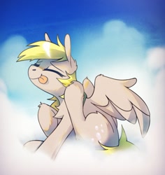 Size: 1066x1129 | Tagged: safe, artist:anticular, imported from derpibooru, derpy hooves, pegasus, pony, behaving like a dog, chest fluff, cloud, cute, derpabetes, ear fluff, ear scratch, eyes closed, female, leg fluff, mare, mlem, on a cloud, scratching, silly, silly pony, sitting, sky, solo, tongue out