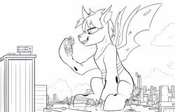 Size: 2500x1607 | Tagged: safe, artist:tsitra360, imported from derpibooru, oc, oc:prince cimex, changeling, pony, bridge, city, destruction, giant changeling, hoof hold, macro, manehattan, mega giant, prince cimex the giant changeling, sitting, sketch, statue, statue of friendship, statue of liberty