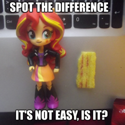 Size: 1200x1200 | Tagged: safe, artist:grapefruitface1, imported from derpibooru, fluttershy, sunset shimmer, trixie, equestria girls, chips, doll, equestria girls minis, food, frazzles, meme, photography, solo, spot the difference, toy