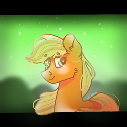 Size: 768x768 | Tagged: safe, artist:valkiria, derpibooru exclusive, imported from derpibooru, applejack, crying, cute, female, green background, jackabetes, mare, simple background