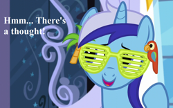 Size: 1088x680 | Tagged: safe, edit, edited screencap, imported from derpibooru, screencap, minuette, amending fences, cropped, cute, minubetes, reaction image, shutter shades, speech, sunglasses, talking