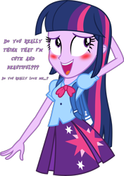 Size: 9282x13159 | Tagged: safe, artist:alandssparkle, artist:firesidearmy46231, imported from derpibooru, twilight sparkle, alicorn, equestria girls, equestria girls (movie), absurd resolution, arm behind head, backpack, blushing, bronybait, clothes, cute, cutie mark, cutie mark on clothes, dialogue, female, pleated skirt, simple background, skirt, solo, talking to viewer, transparent background, twiabetes, twilight sparkle (alicorn), vector