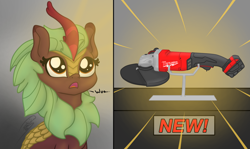 Size: 2020x1200 | Tagged: safe, artist:soctavia, imported from derpibooru, cinder glow, summer flare, kirin, amazed, angle grinder, big eyes, dialogue, female, in awe, light rays, mare, marewaukee, misleading thumbnail, open mouth, solo, text, want, wide eyes, woah