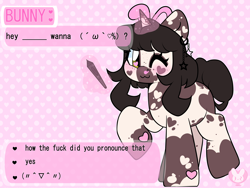 Size: 4000x3000 | Tagged: safe, artist:bunxl, imported from derpibooru, oc, oc only, oc:bunny, pony, unicorn, blushing, bunny ears, dating sim, ear piercing, earring, female, heart eyes, heart hooves, hoof heart, jewelry, mare, piercing, septum, solo, tablet pen, vulgar, wingding eyes, winking at you