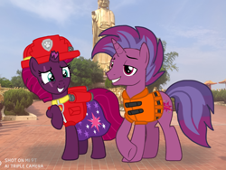 Size: 1440x1080 | Tagged: safe, artist:徐詩珮, imported from derpibooru, fizzlepop berrytwist, tempest shadow, oc, oc:transparent (tempest's father), series:sprglitemplight diary, series:sprglitemplight life jacket days, series:springshadowdrops diary, series:springshadowdrops life jacket days, alternate universe, clothes, father and child, father and daughter, female, lifejacket, male, marshall (paw patrol), paw patrol