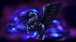 Size: 920x516 | Tagged: safe, artist:igglypou, imported from derpibooru, nightmare moon, alicorn, horse, pony, cutie mark, digital art, draft horse, female, hoers, horn, mare, solo, spread wings, wings