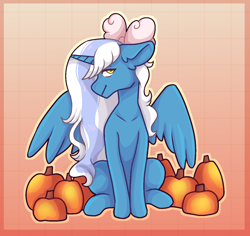 Size: 1300x1227 | Tagged: safe, artist:crystalsketch342, imported from derpibooru, oc, oc only, oc:fleurbelle, alicorn, pony, alicorn oc, bow, female, hair bow, halloween, holiday, horn, mare, orange background, pumpkin, simple background, sitting, smiling, solo, wings, yellow eyes