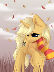 Size: 2048x2732 | Tagged: safe, artist:alphadesu, imported from derpibooru, oc, oc only, oc:sunlight bolt, pony, unicorn, autumn, clothes, leaves, outdoors, scarf
